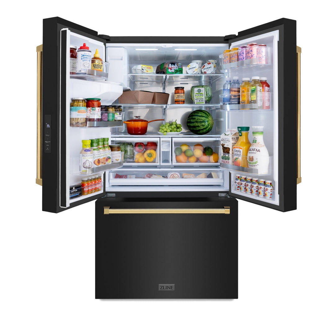 ZLINE Autograph Edition 36 in. 28.9 cu. ft. Standard-Depth French Door External Water Dispenser Refrigerator with Dual Ice Maker in Fingerprint-Resistant Black Stainless Steel and Polished Gold Traditional Handles (RSMZ-W-36-BS-G)