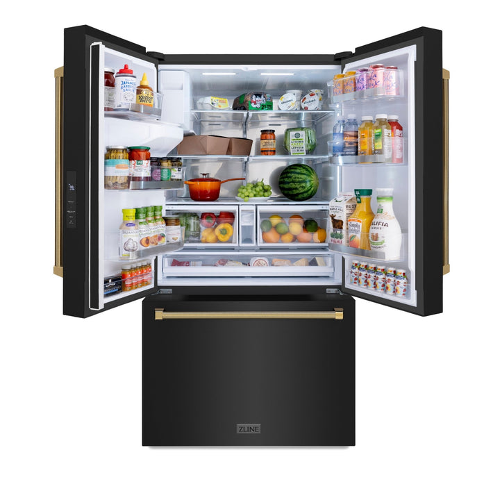 ZLINE Autograph Edition 36 in. 28.9 cu. ft. Standard-Depth French Door External Water Dispenser Refrigerator with Dual Ice Maker in Fingerprint-Resistant Black Stainless Steel and Polished Gold Helix Handles (RSMZ-W-36-BS-KG)