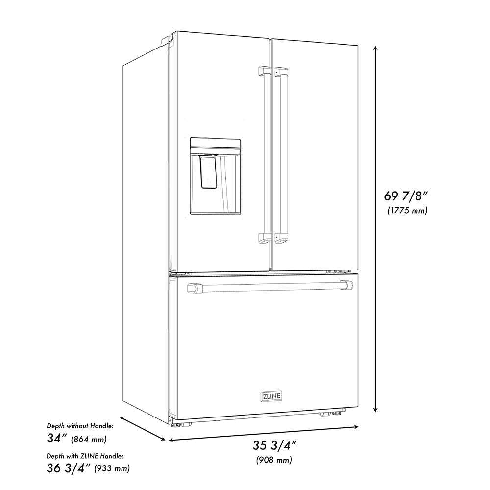 ZLINE Autograph Edition 36 in. 28.9 cu. ft. Standard-Depth French Door External Water Dispenser Refrigerator with Dual Ice Maker in Fingerprint-Resistant Stainless Steel and Polished Nickel Helix Handles (RSMZ-W-36-KPN)