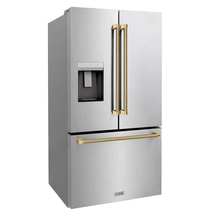 ZLINE Autograph Edition 36 in. 28.9 cu. ft. Standard-Depth French Door External Water Dispenser Refrigerator with Dual Ice Maker in Fingerprint-Resistant Stainless Steel and Polished Gold Helix Handles (RSMZ-W-36-KG)