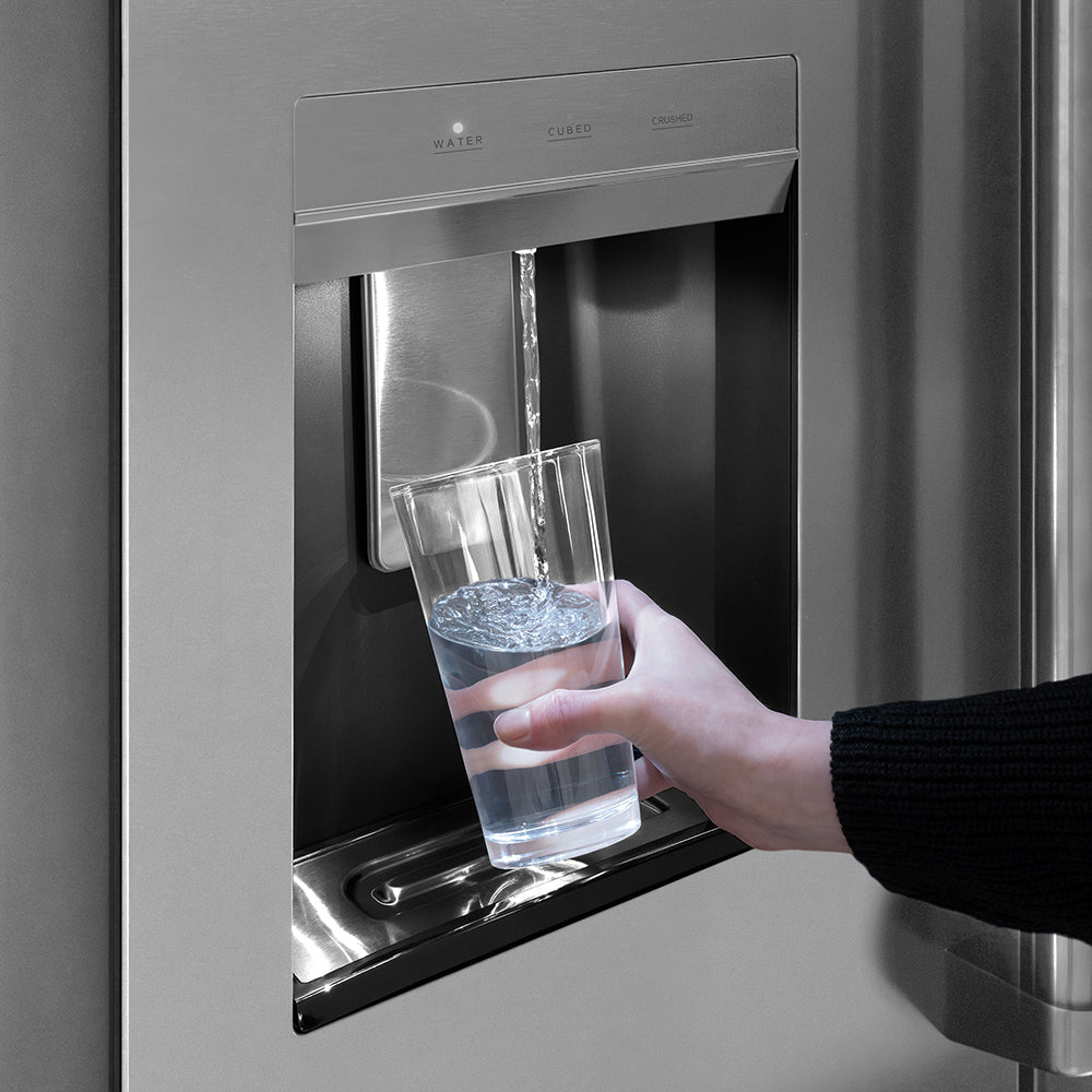 ZLINE Autograph Edition 36 in. 28.9 cu. ft. Standard-Depth French Door External Water Dispenser Refrigerator with Dual Ice Maker in Fingerprint-Resistant Stainless Steel and Champagne Bronze Helix Handles (RSMZ-W-36-KCB)