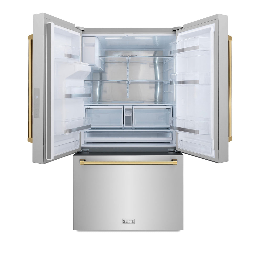 ZLINE Autograph Edition 36 in. 28.9 cu. ft. Standard-Depth French Door External Water Dispenser Refrigerator with Dual Ice Maker in Fingerprint-Resistant Stainless Steel and Polished Gold Traditional Handles (RSMZ-W-36-G)