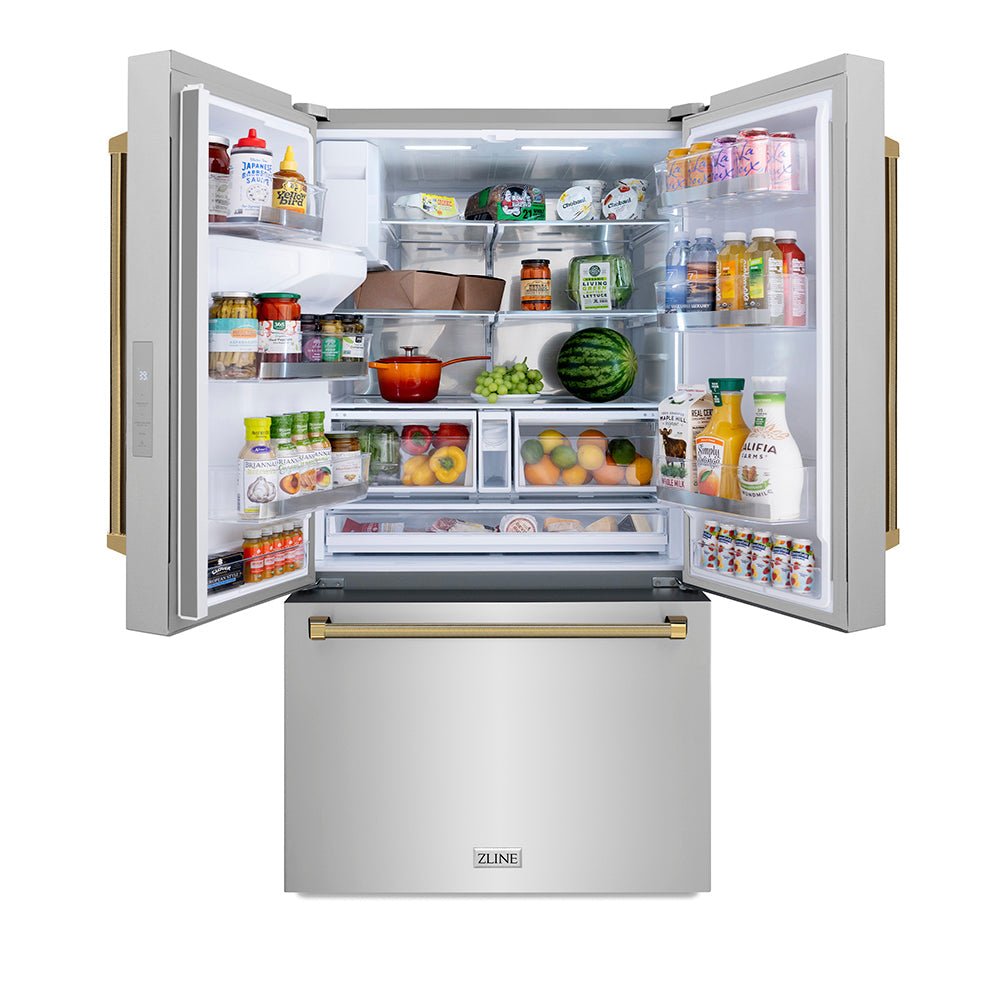 ZLINE Autograph Edition 36 in. 28.9 cu. ft. Standard-Depth French Door External Water Dispenser Refrigerator with Dual Ice Maker in Fingerprint-Resistant Stainless Steel and Polished Gold Helix Handles (RSMZ-W-36-KG)