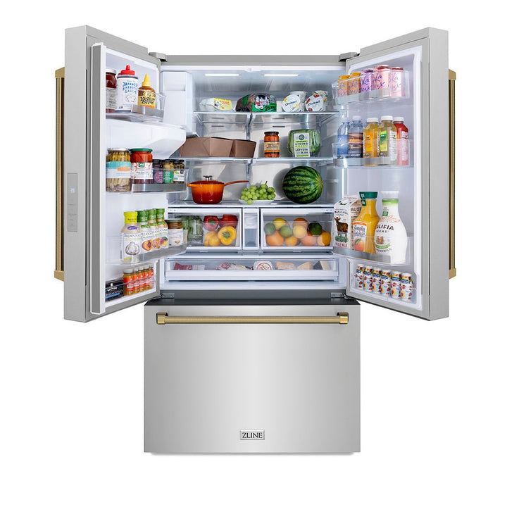 ZLINE Autograph Edition 36 in. 28.9 cu. ft. Standard-Depth French Door External Water Dispenser Refrigerator with Dual Ice Maker in Fingerprint-Resistant Stainless Steel and Polished Gold Helix Handles (RSMZ-W-36-KG)