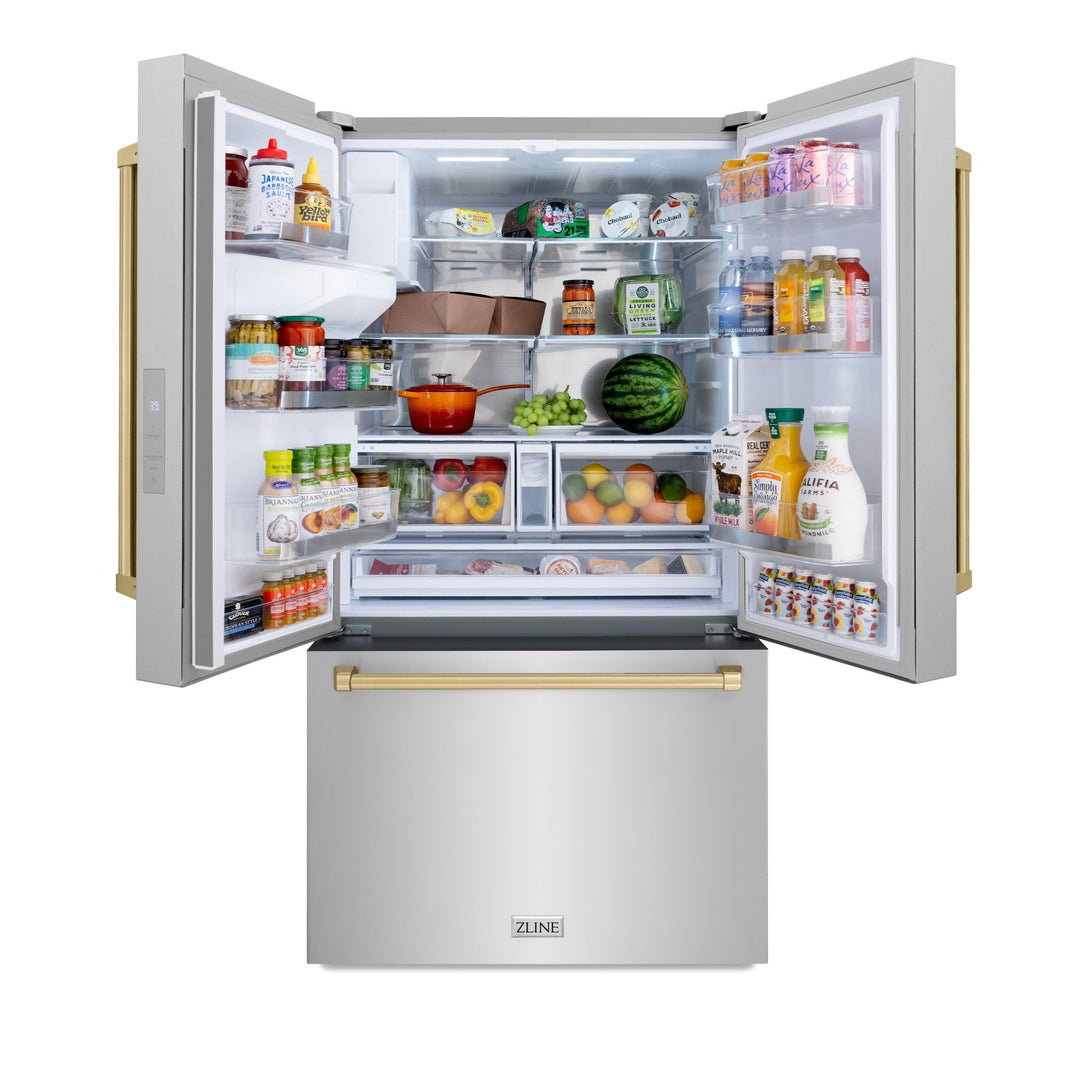 ZLINE Autograph Edition 36 in. 28.9 cu. ft. Standard-Depth French Door External Water Dispenser Refrigerator with Dual Ice Maker in Fingerprint-Resistant Stainless Steel and Champagne Bronze Traditional Handles (RSMZ-W-36-CB)
