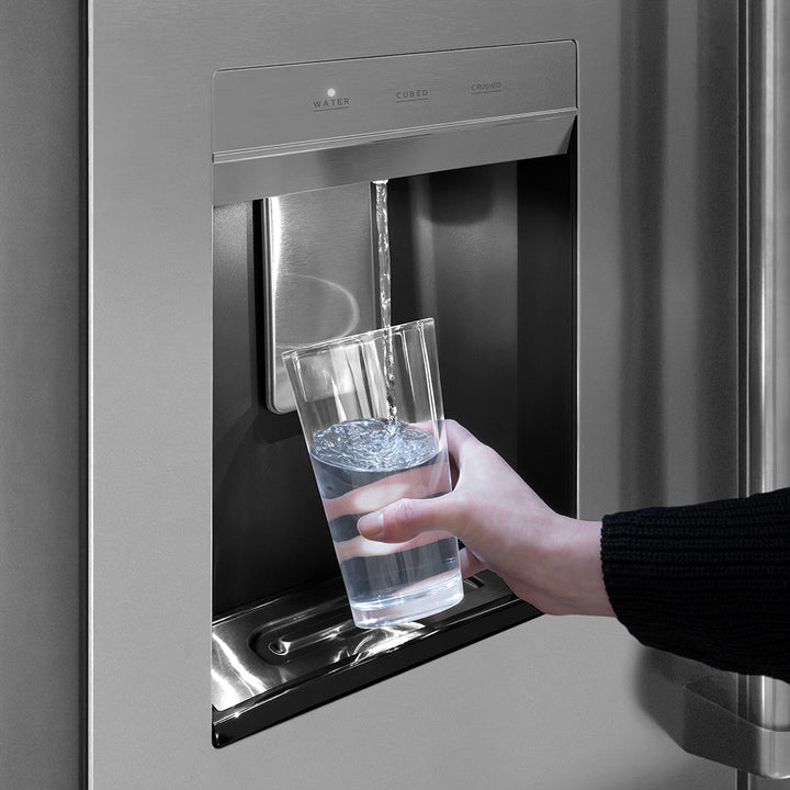 ZLINE Autograph Edition 36 in. 28.9 cu. ft. Standard-Depth French Door External Water Dispenser Refrigerator with Dual Ice Maker in Fingerprint-Resistant Stainless Steel and Polished Nickel Helix Handles (RSMZ-W-36-KPN)