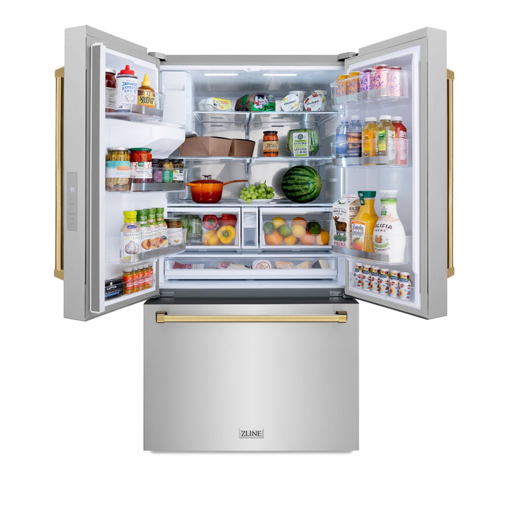 ZLINE Autograph Edition 36 in. 28.9 cu. ft. Standard-Depth French Door External Water Dispenser Refrigerator with Dual Ice Maker in Fingerprint-Resistant Stainless Steel and Polished Gold Traditional Handles (RSMZ-W-36-G)
