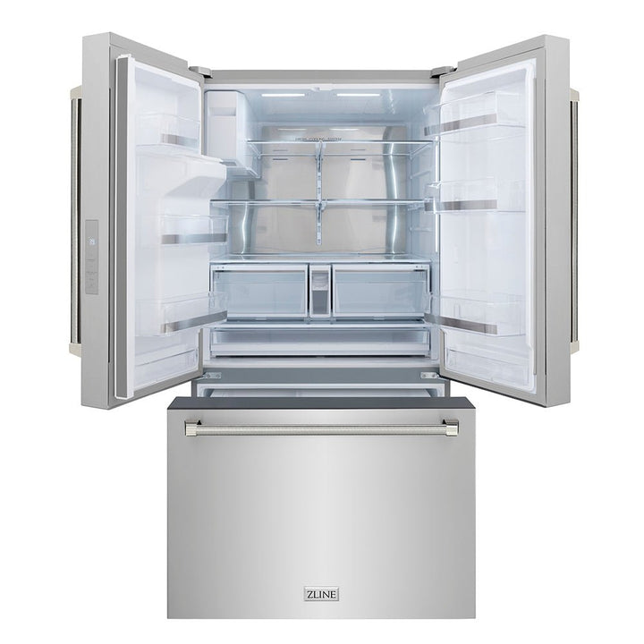 ZLINE Autograph Edition 36 in. 28.9 cu. ft. Standard-Depth French Door External Water Dispenser Refrigerator with Dual Ice Maker in Fingerprint-Resistant Stainless Steel and Polished Nickel Helix Handles (RSMZ-W-36-KPN)