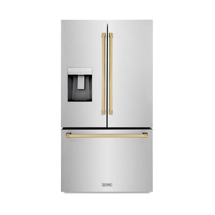 ZLINE Autograph Edition 36 in. 28.9 cu. ft. Standard-Depth French Door External Water Dispenser Refrigerator with Dual Ice Maker in Fingerprint-Resistant Stainless Steel and Polished Gold Traditional Handles (RSMZ-W-36-G)