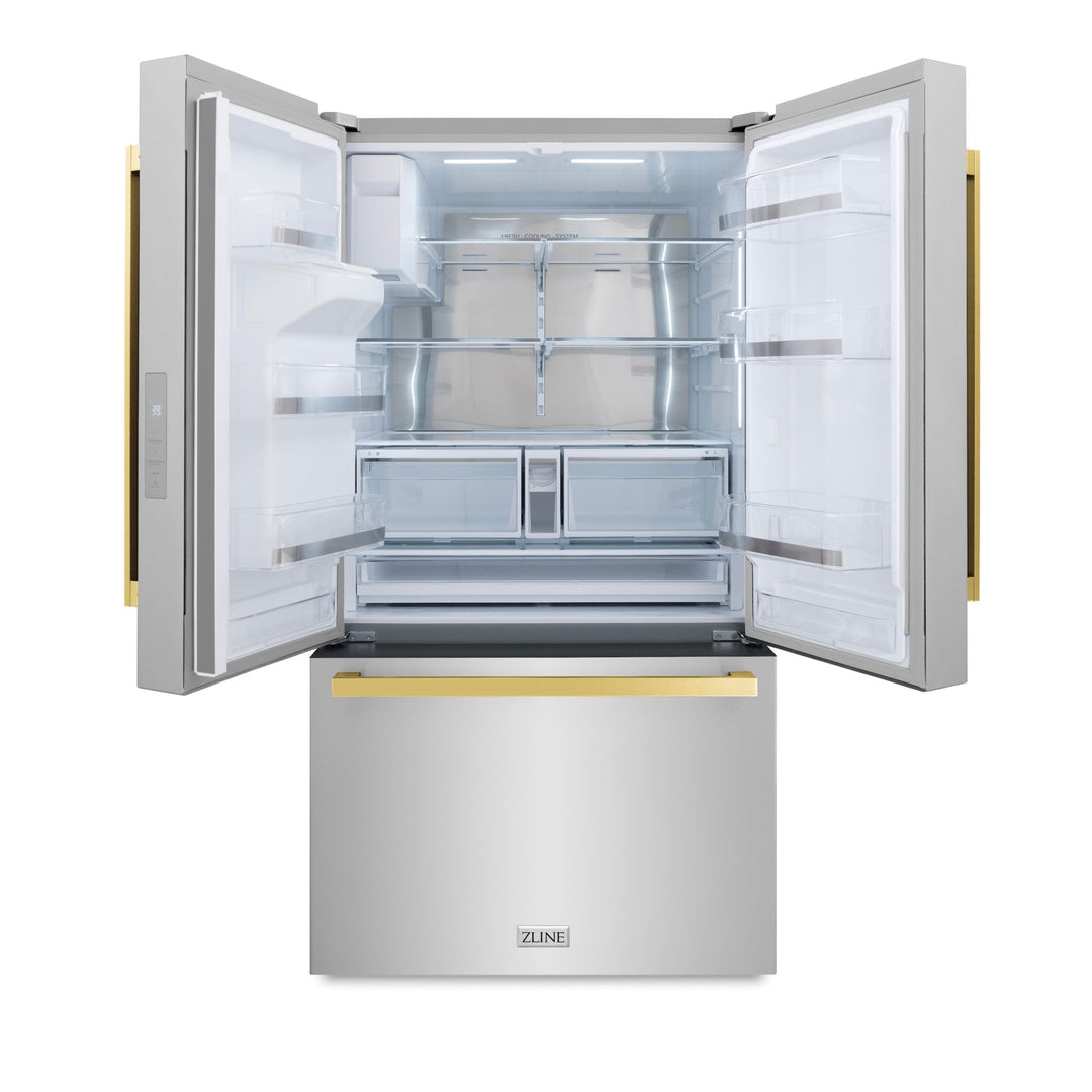 ZLINE Autograph Edition 36 in. 28.9 cu. ft. Standard-Depth French Door External Water Dispenser Refrigerator with Dual Ice Maker in Fingerprint-Resistant Stainless Steel and Polished Gold Modern Handles (RSMZ-W-36-FG)