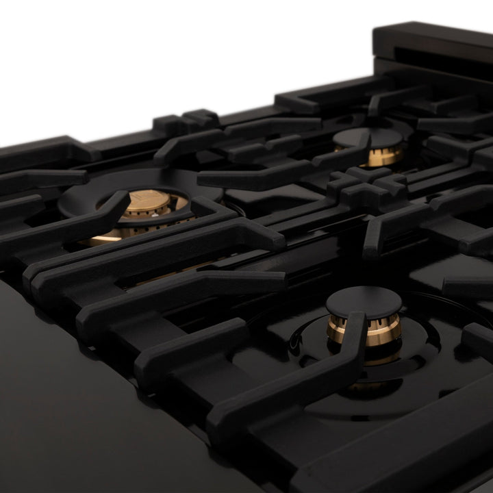 ZLINE Autograph Edition 36 in. 4.6 cu. ft. Legacy Dual Fuel Range with 6 Burner Gas Cooktop and Electric Convection Oven in Black Stainless Steel and Champagne Bronze Accents (RABZ-36-CB)