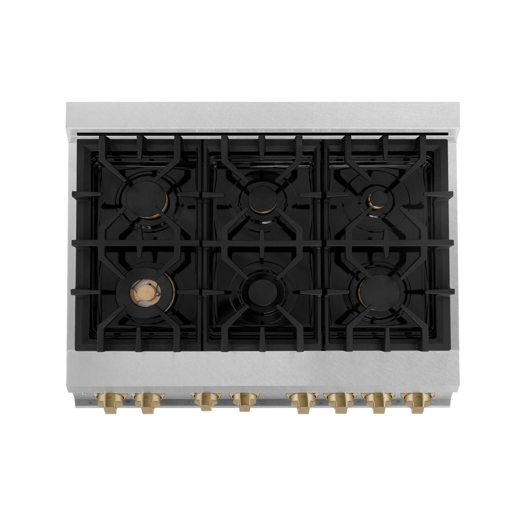 ZLINE Autograph Edition 36 in. 4.6 cu. ft. Legacy Dual Fuel Range with 6 Burner Gas Cooktop and Electric Convection Oven in Satin Stainless Steel and Champagne Bronze Accents (RASZ-SN-36-CB)