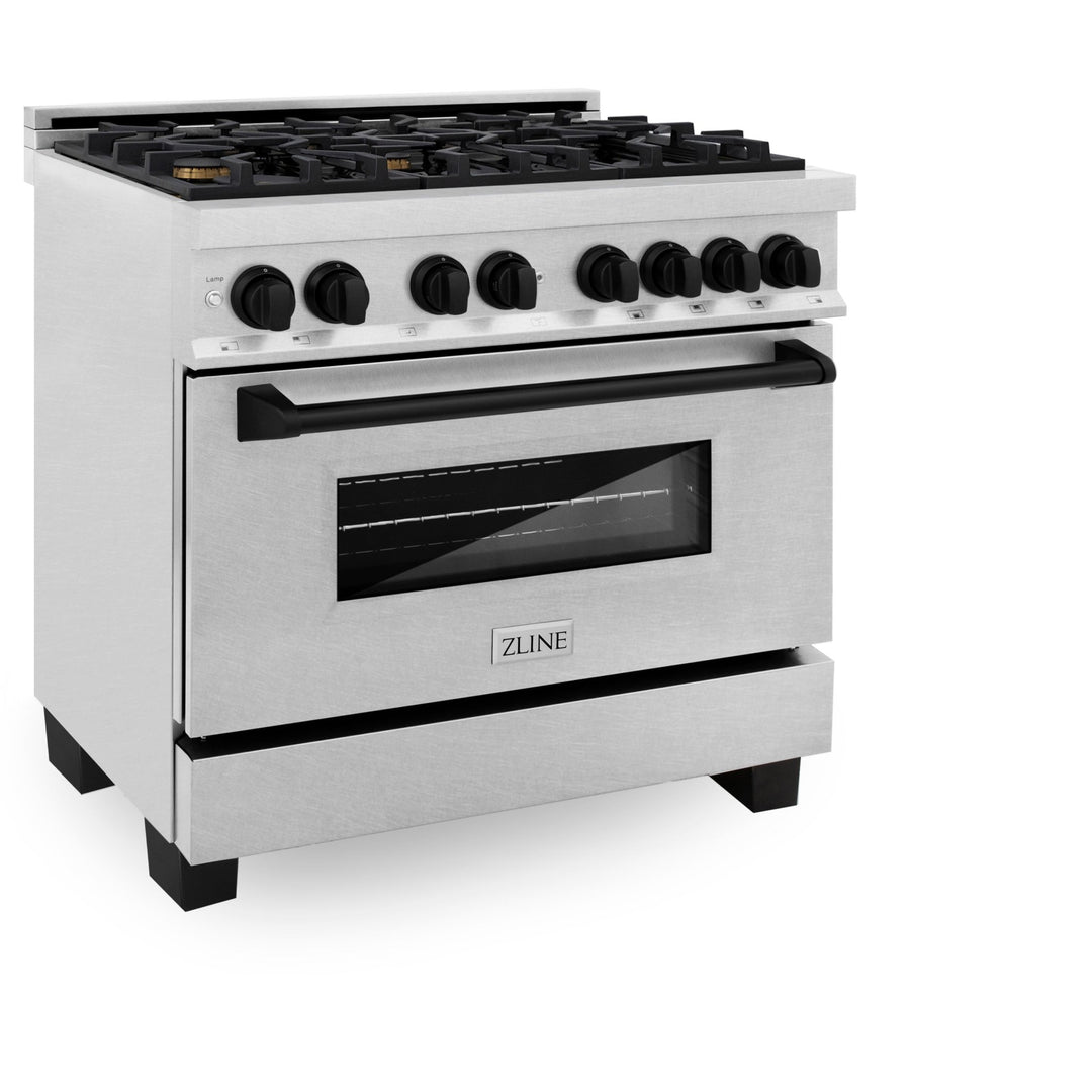 ZLINE Autograph Edition 36 in. 4.6 cu. ft. Legacy Dual Fuel Range with 6 Burner Gas Cooktop and Electric Convection Oven in Satin Stainless Steel and Matte Black Accents (RASZ-SN-36-MB)