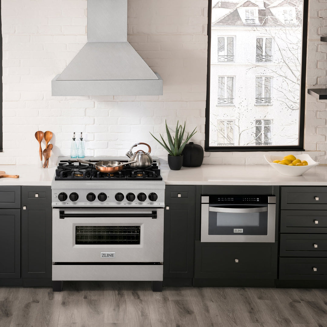 ZLINE Autograph Edition 36 in. 4.6 cu. ft. Legacy Dual Fuel Range with 6 Burner Gas Cooktop and Electric Convection Oven in Satin Stainless Steel and Matte Black Accents (RASZ-SN-36-MB)