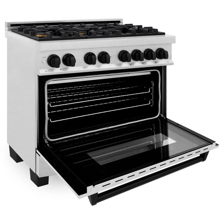 ZLINE Autograph Edition 36 in. 4.6 cu. ft. Legacy Dual Fuel Range with 6 Burner Gas Cooktop and Electric Convection Oven in Satin Stainless Steel and Matte Black Accents (RASZ-SN-36-MB)