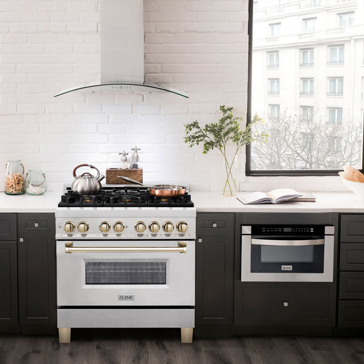 ZLINE Autograph Edition 36 in. 4.6 cu. ft. Legacy Dual Fuel Range with 6 Burner Gas Cooktop and Electric Convection Oven in Satin Stainless Steel and Polished Gold Accents (RASZ-SN-36-G)