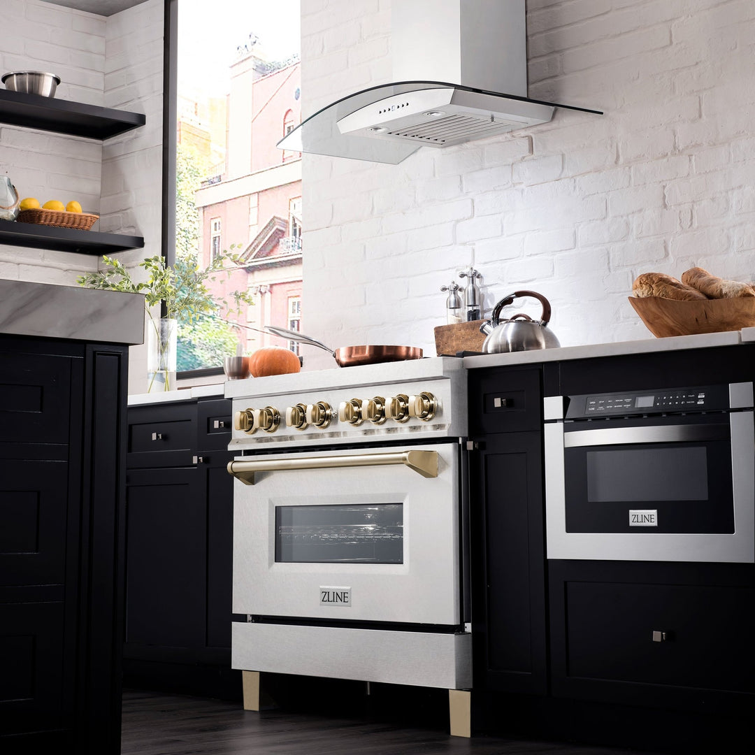 ZLINE Autograph Edition 36 in. 4.6 cu. ft. Legacy Dual Fuel Range with 6 Burner Gas Cooktop and Electric Convection Oven in Satin Stainless Steel and Polished Gold Accents (RASZ-SN-36-G)