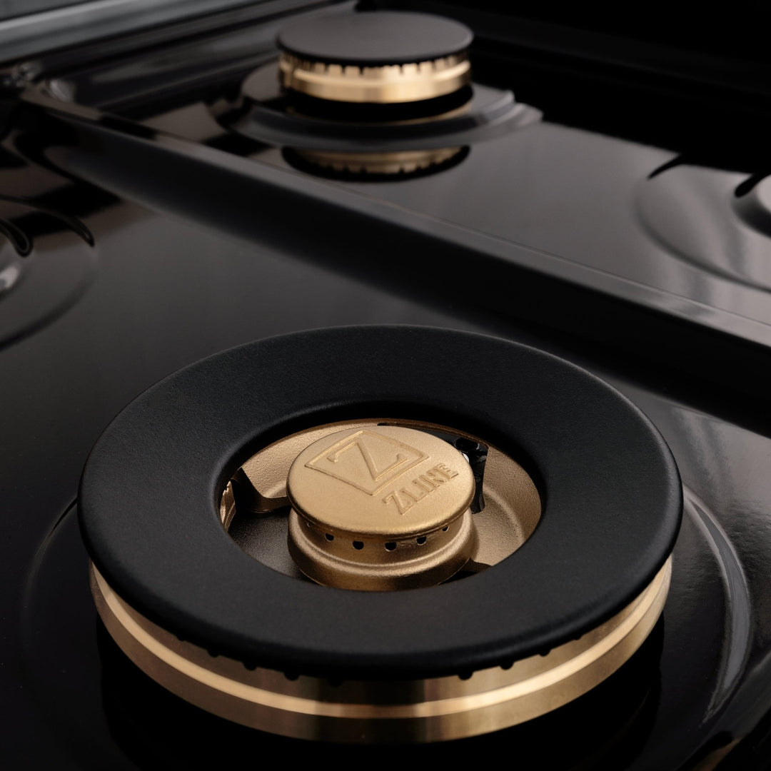 ZLINE Autograph Edition 36 in. 4.6 cu. ft. Legacy Dual Fuel Range with 6 Burner Gas Cooktop and Electric Convection Oven in Satin Stainless Steel with Black Matte Door and Champagne Bronze Accents (RASZ-BLM-36-CB)
