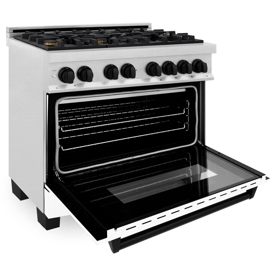ZLINE Autograph Edition 36 in. 4.6 cu. ft. Legacy Dual Fuel Range with 6 Burner Gas Cooktop and Electric Convection Oven in Satin Stainless Steel with White Matte Door and Matte Black Accents (RASZ-WM-36-MB)
