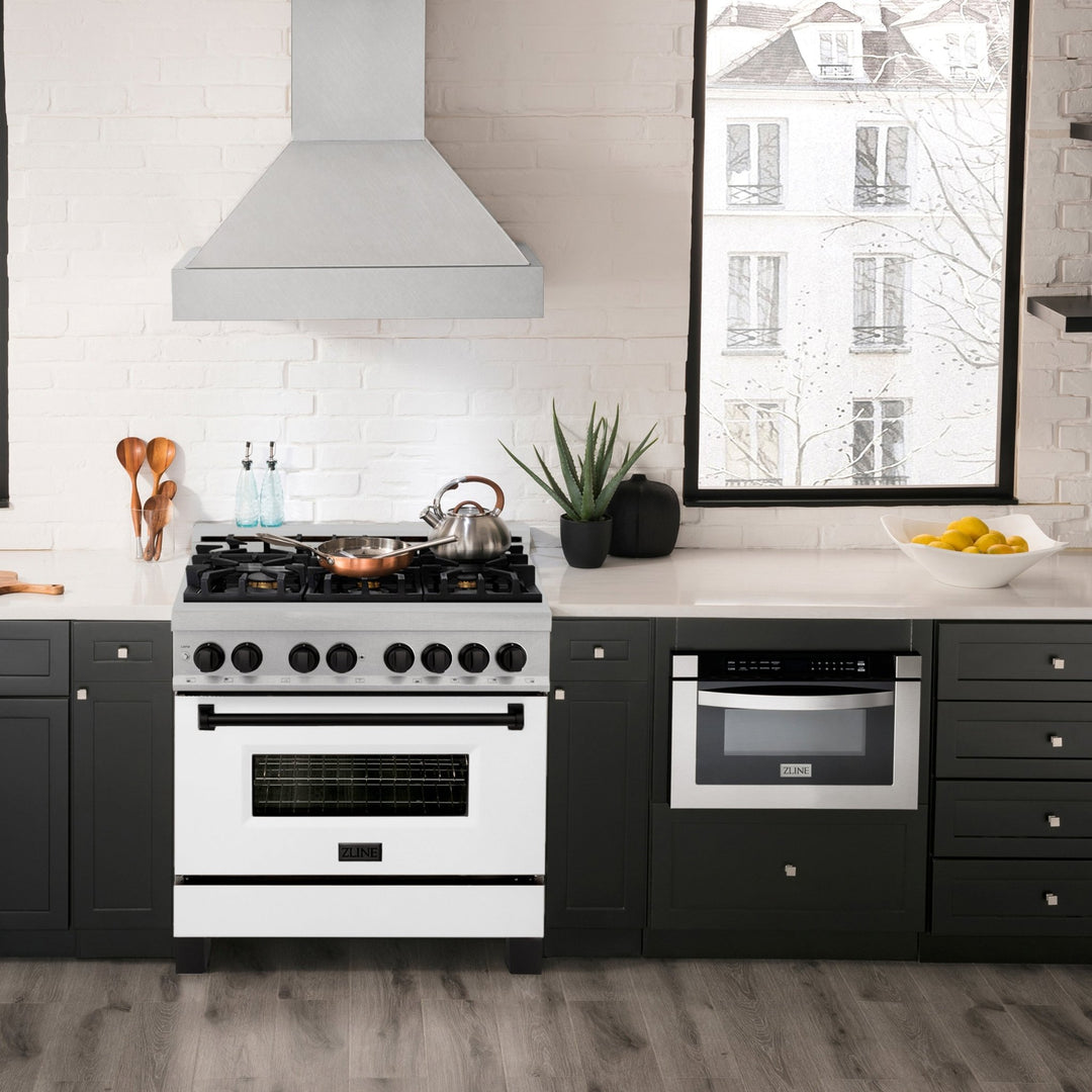 ZLINE Autograph Edition 36 in. 4.6 cu. ft. Legacy Dual Fuel Range with 6 Burner Gas Cooktop and Electric Convection Oven in Satin Stainless Steel with White Matte Door and Matte Black Accents (RASZ-WM-36-MB)
