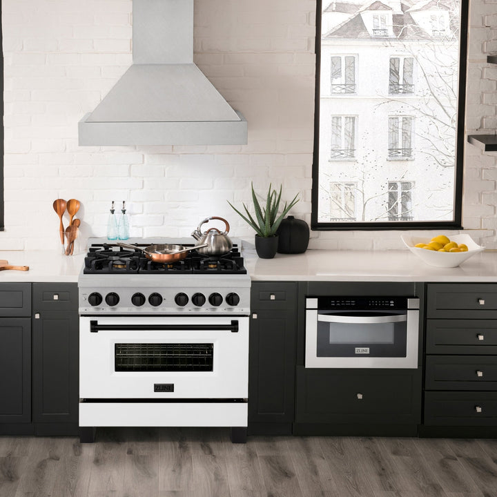 ZLINE Autograph Edition 36 in. 4.6 cu. ft. Legacy Dual Fuel Range with 6 Burner Gas Cooktop and Electric Convection Oven in Satin Stainless Steel with White Matte Door and Matte Black Accents (RASZ-WM-36-MB)