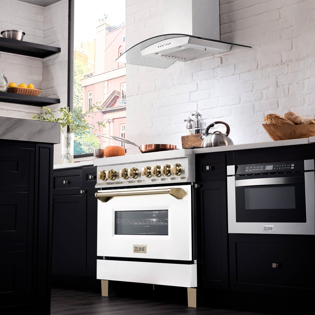 ZLINE Autograph Edition 36 in. 4.6 cu. ft. Legacy Dual Fuel Range with 6 Burner Gas Cooktop and Electric Convection Oven in Satin Stainless Steel with White Matte Door and Polished Gold Accents (RASZ-WM-36-G)