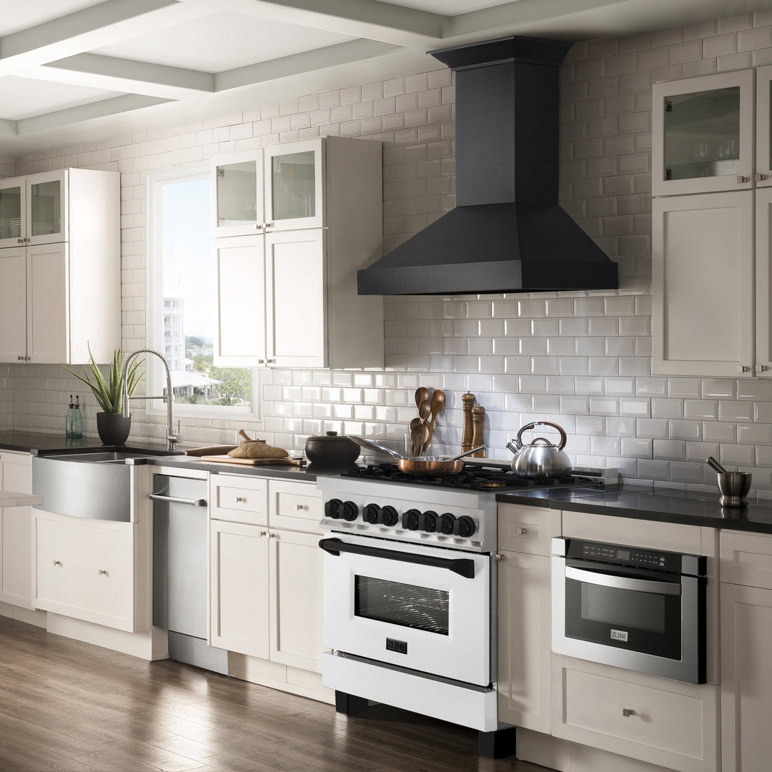 ZLINE Autograph Edition 36 in. 4.6 cu. ft. Legacy Dual Fuel Range with 6 Burner Gas Cooktop and Electric Convection Oven in Satin Stainless Steel with White Matte Door and Matte Black Accents (RASZ-WM-36-MB)