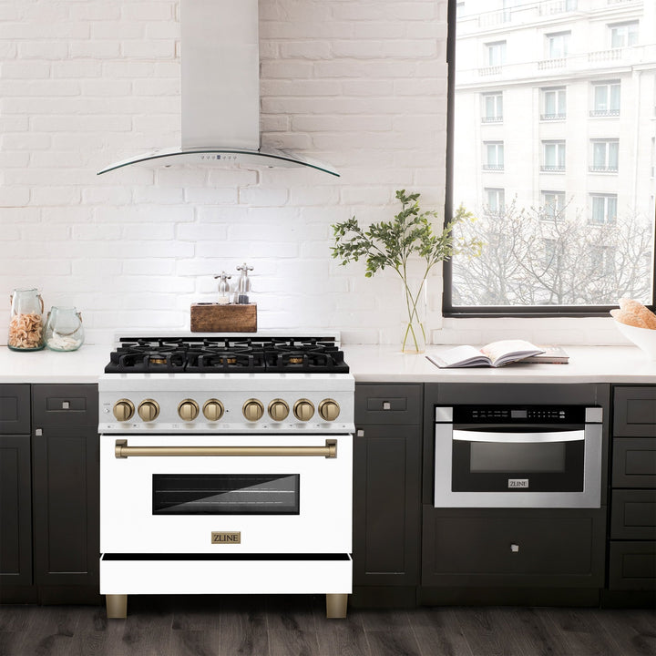 ZLINE Autograph Edition 36 in. 4.6 cu. ft. Legacy Dual Fuel Range with 6 Burner Gas Cooktop and Electric Convection Oven in Satin Stainless Steel with White Matte Door and Champagne Bronze Accents (RASZ-WM-36-CB)