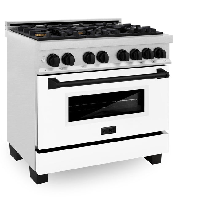 ZLINE Autograph Edition 36 in. 4.6 cu. ft. Legacy Dual Fuel Range with 6 Burner Gas Cooktop and Electric Convection Oven in Satin Stainless Steel with White Matte Door and Matte Black Accents (RASZ-WM-36-MB)