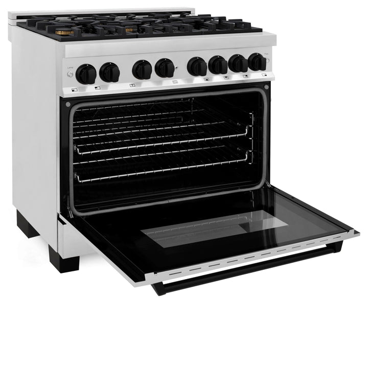 ZLINE Autograph Edition 36 in. 4.6 cu. ft. Legacy Dual Fuel Range with 6 Burner Gas Cooktop and Electric Convection Oven in Stainless Steel and Matte Black Accents (RAZ-36-MB)