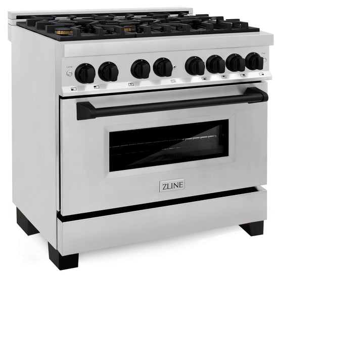 ZLINE Autograph Edition 36 in. 4.6 cu. ft. Legacy Dual Fuel Range with 6 Burner Gas Cooktop and Electric Convection Oven in Stainless Steel and Matte Black Accents (RAZ-36-MB)