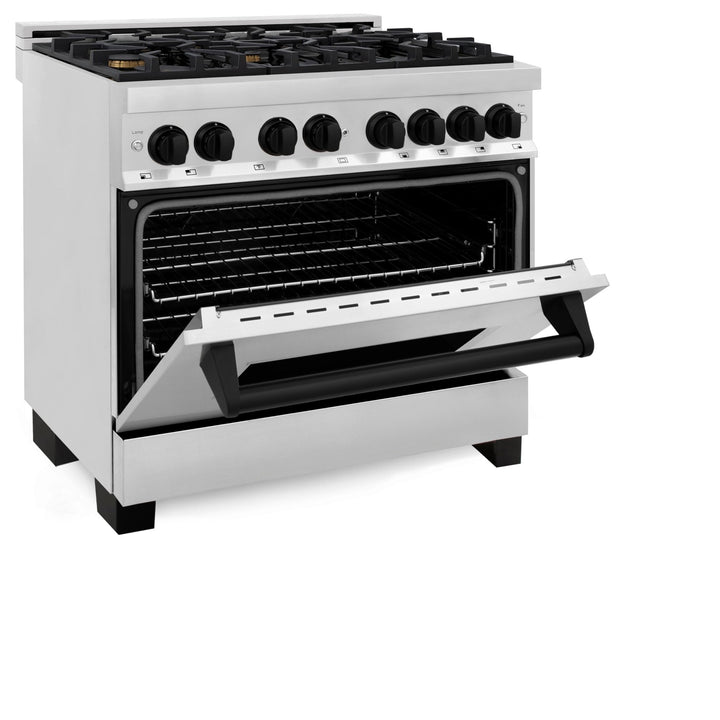 ZLINE Autograph Edition 36 in. 4.6 cu. ft. Legacy Dual Fuel Range with 6 Burner Gas Cooktop and Electric Convection Oven in Stainless Steel and Matte Black Accents (RAZ-36-MB)