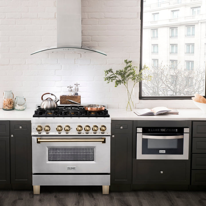 ZLINE Autograph Edition 36 in. 4.6 cu. ft. Legacy Dual Fuel Range with 6 Burner Gas Cooktop and Electric Convection Oven in Stainless Steel and Polished Gold Accents (RAZ-36-G)