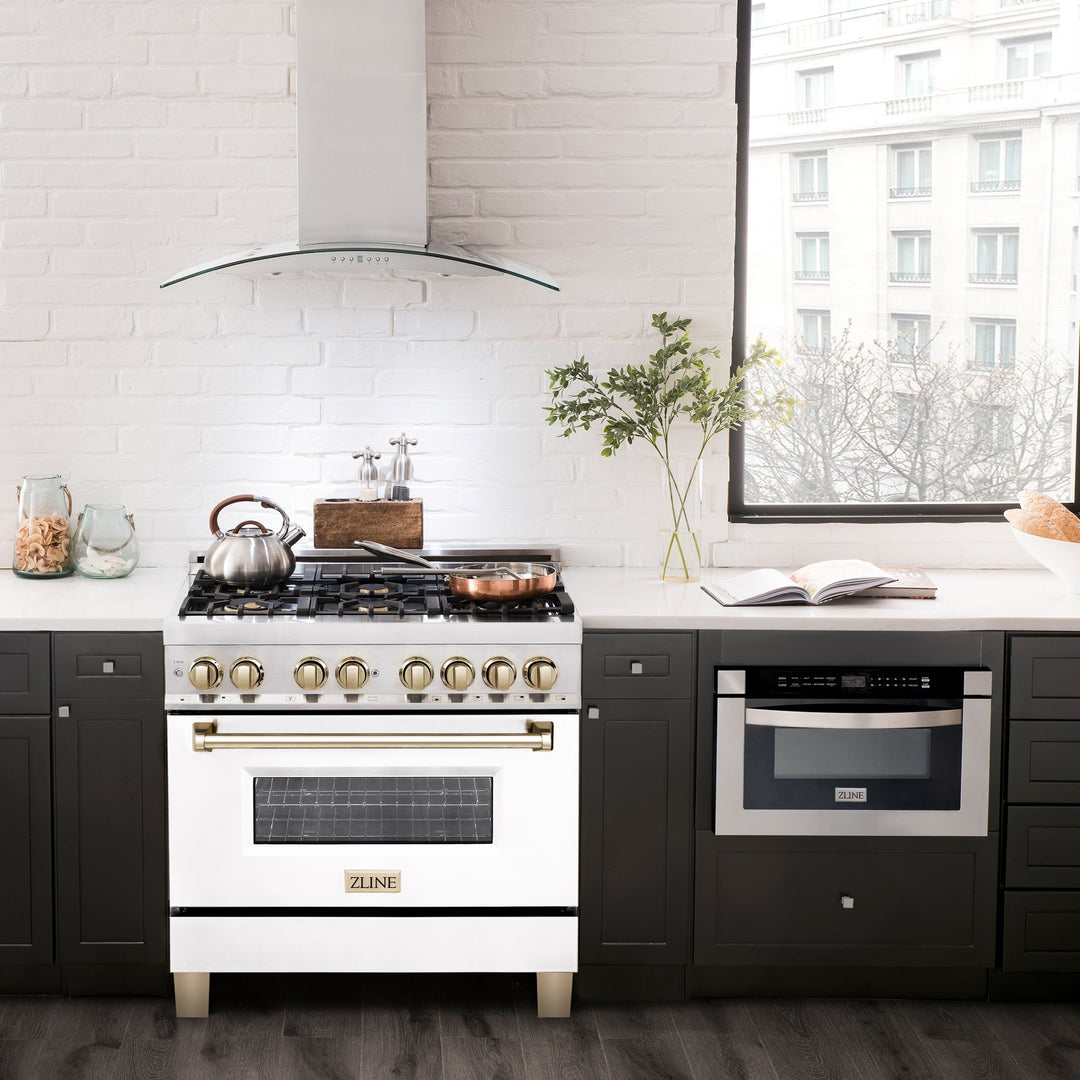 ZLINE Autograph Edition 36 in. 4.6 cu. ft. Legacy Dual Fuel Range with 6 Burner Gas Cooktop and Electric Convection Oven in Stainless Steel with White Matte Door and Polished Gold Accents (RAZ-WM-36-G)