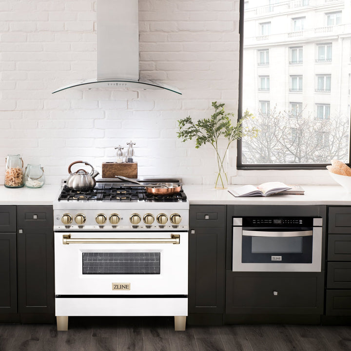 ZLINE Autograph Edition 36 in. 4.6 cu. ft. Legacy Dual Fuel Range with 6 Burner Gas Cooktop and Electric Convection Oven in Stainless Steel with White Matte Door and Polished Gold Accents (RAZ-WM-36-G)