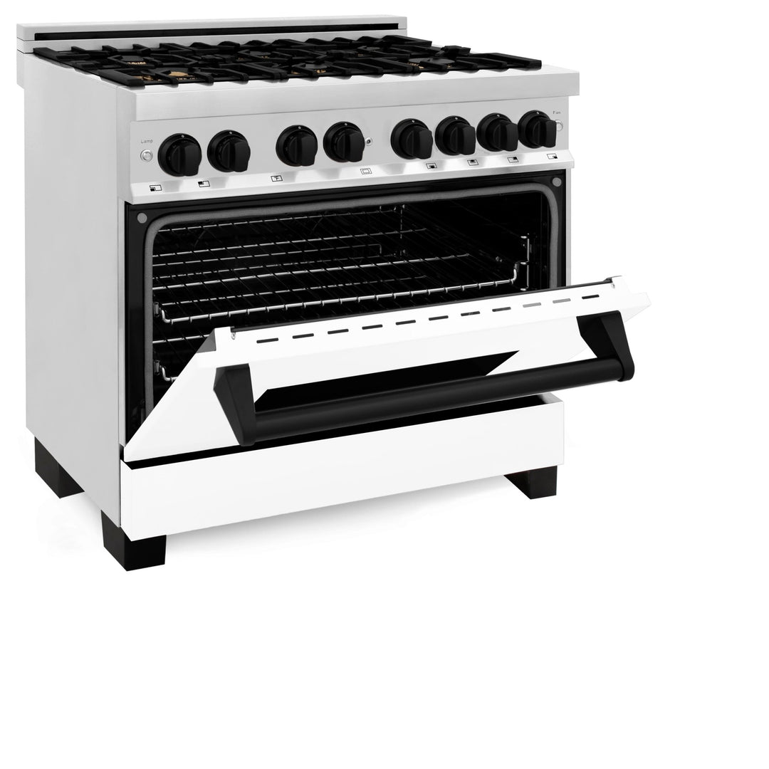 ZLINE Autograph Edition 36 in. 4.6 cu. ft. Legacy Dual Fuel Range with 6 Burner Gas Cooktop and Electric Convection Oven in Stainless Steel with White Matte Door and Matte Black Accents (RAZ-WM-36-MB)