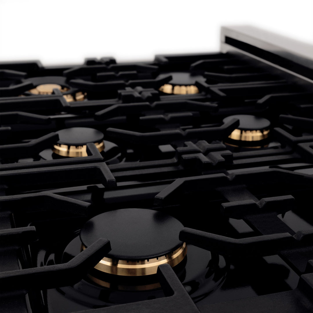 ZLINE Autograph Edition 36 in. 4.6 cu. ft. Legacy Dual Fuel Range with 6 Burner Gas Cooktop and Electric Convection Oven in Stainless Steel with White Matte Door and Polished Gold Accents (RAZ-WM-36-G)
