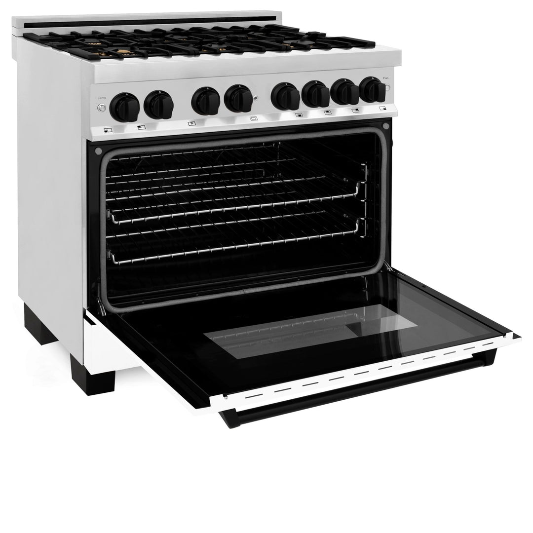 ZLINE Autograph Edition 36 in. 4.6 cu. ft. Legacy Dual Fuel Range with 6 Burner Gas Cooktop and Electric Convection Oven in Stainless Steel with White Matte Door and Matte Black Accents (RAZ-WM-36-MB)