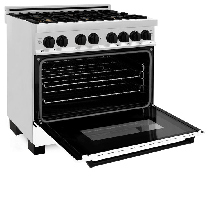 ZLINE Autograph Edition 36 in. 4.6 cu. ft. Legacy Dual Fuel Range with 6 Burner Gas Cooktop and Electric Convection Oven in Stainless Steel with White Matte Door and Matte Black Accents (RAZ-WM-36-MB)