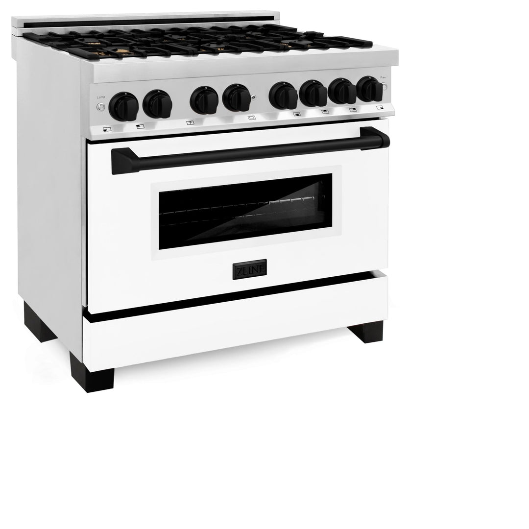 ZLINE Autograph Edition 36 in. 4.6 cu. ft. Legacy Dual Fuel Range with 6 Burner Gas Cooktop and Electric Convection Oven in Stainless Steel with White Matte Door and Matte Black Accents (RAZ-WM-36-MB)