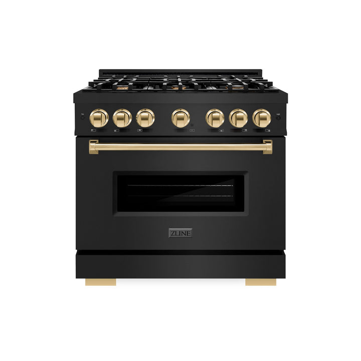 ZLINE Autograph Edition 36 in. 5.2 cu. ft. Classic Dual Fuel Range with 6 Burner Gas Cooktop and Electric Convection Oven in Black Stainless Steel with Polished Gold Accents (CDRBZ-36-G)