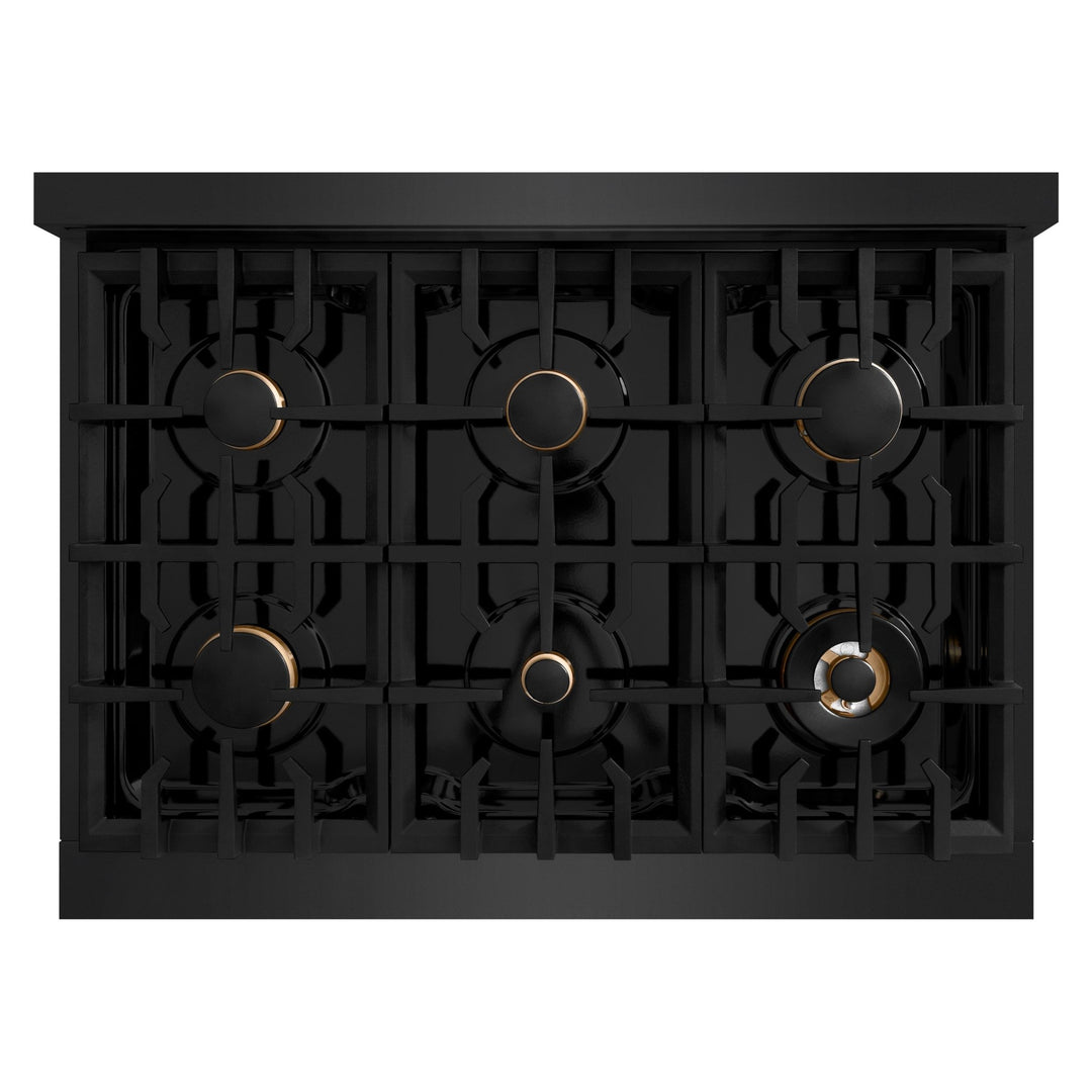 ZLINE Autograph Edition 36 in. 5.2 cu. ft. Classic Dual Fuel Range with 6 Burner Gas Cooktop and Electric Convection Oven in Black Stainless Steel with Polished Gold Accents (CDRBZ-36-G)