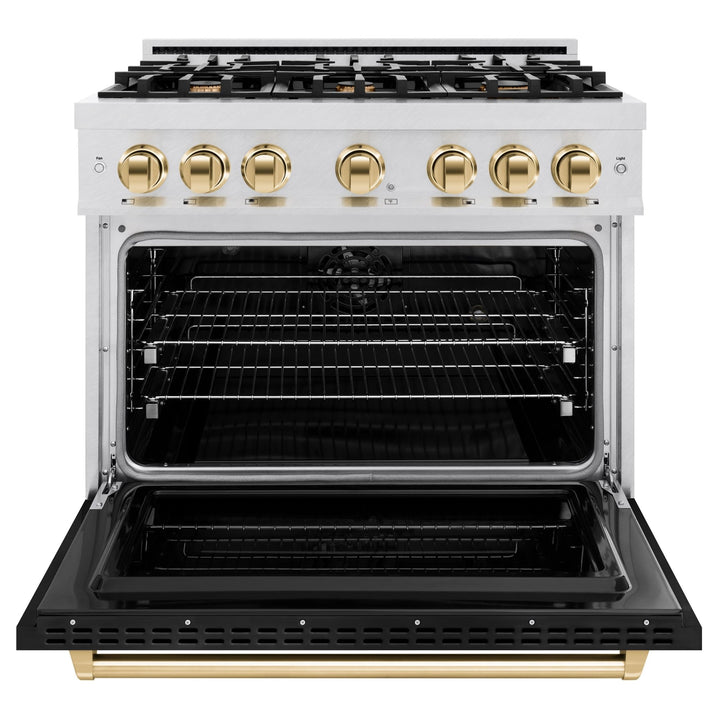 ZLINE Autograph Edition 36 in. 5.2 cu. ft. Classic Dual Fuel Range with 6 Burner Gas Cooktop and Electric Convection Oven in Satin Stainless Steel with Black Matte Door and Polished Gold Accents (CDRSZ-BLM-36-G)