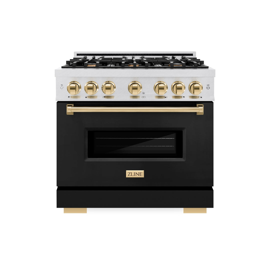 ZLINE Autograph Edition 36 in. 5.2 cu. ft. Classic Dual Fuel Range with 6 Burner Gas Cooktop and Electric Convection Oven in Satin Stainless Steel with Polished Gold Accents (CDRSZ-36-G)