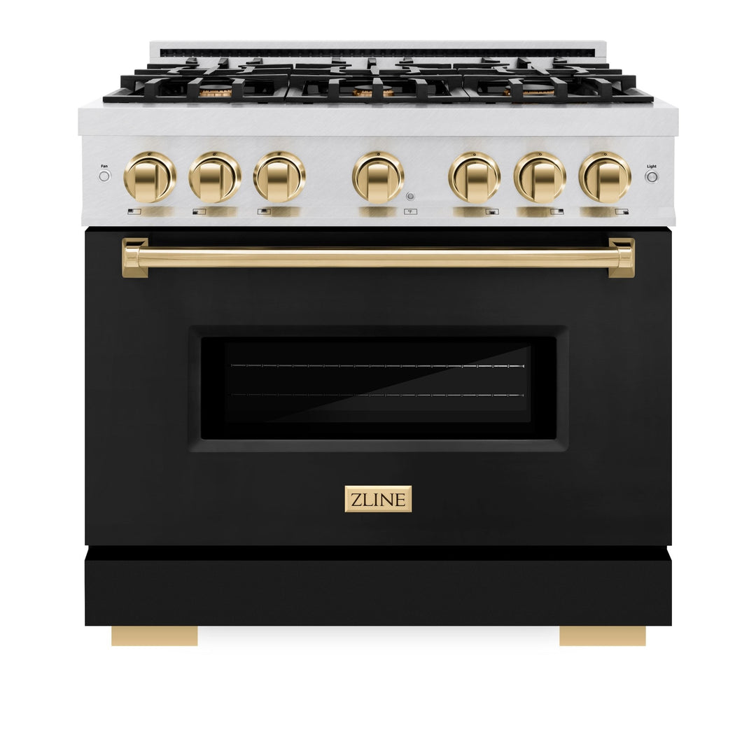 ZLINE Autograph Edition 36 in. 5.2 cu. ft. Classic Dual Fuel Range with 6 Burner Gas Cooktop and Electric Convection Oven in Satin Stainless Steel with Polished Gold Accents (CDRSZ-36-G)