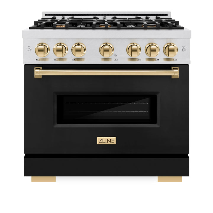 ZLINE Autograph Edition 36 in. 5.2 cu. ft. Classic Dual Fuel Range with 6 Burner Gas Cooktop and Electric Convection Oven in Satin Stainless Steel with Polished Gold Accents (CDRSZ-36-G)