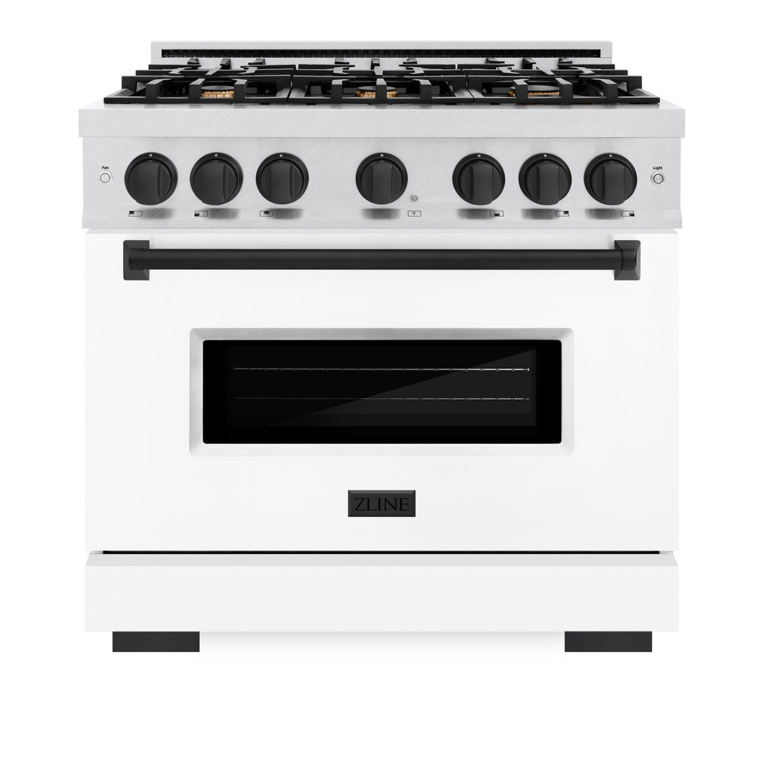 ZLINE Autograph Edition 36 in. 5.2 cu. ft. Classic Dual Fuel Range with 6 Burner Gas Cooktop and Electric Convection Oven in Satin Stainless Steel with White Matte Door and Matte Black Accents (CDRSZ-WM-36-MB)