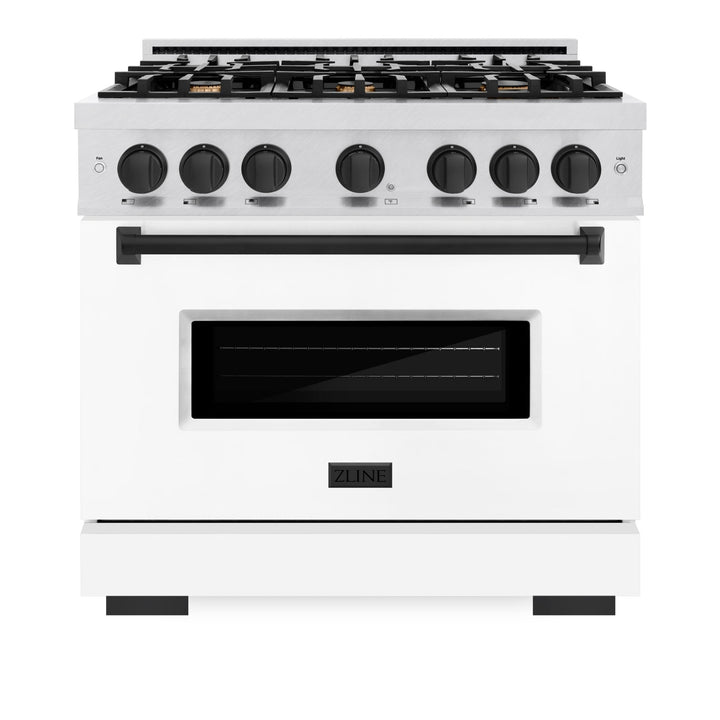 ZLINE Autograph Edition 36 in. 5.2 cu. ft. Classic Dual Fuel Range with 6 Burner Gas Cooktop and Electric Convection Oven in Satin Stainless Steel with White Matte Door and Matte Black Accents (CDRSZ-WM-36-MB)