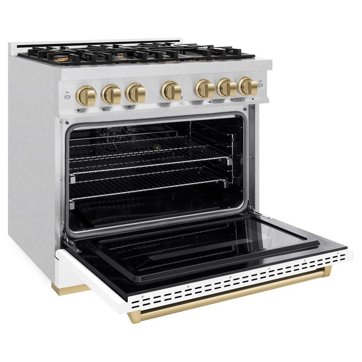 ZLINE Autograph Edition 36 in. 5.2 cu. ft. Classic Dual Fuel Range with 6 Burner Gas Cooktop and Electric Convection Oven in Satin Stainless Steel with White Matte Door and Champagne Bronze Accents (CDRSZ-WM-36-CB)