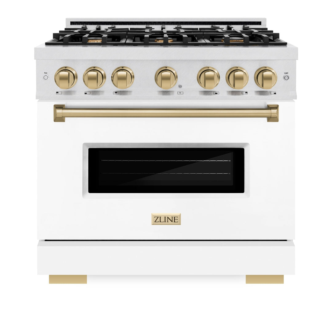 ZLINE Autograph Edition 36 in. 5.2 cu. ft. Classic Dual Fuel Range with 6 Burner Gas Cooktop and Electric Convection Oven in Satin Stainless Steel with White Matte Door and Champagne Bronze Accents (CDRSZ-WM-36-CB)